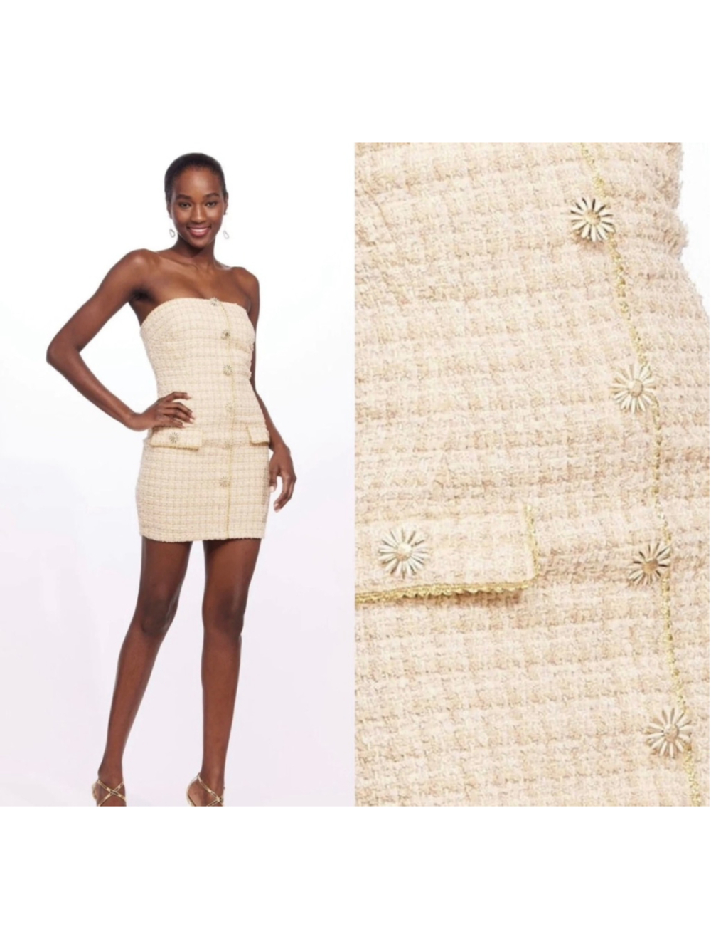 Anthropologie Eva Franco Strapless Tweed Dress Size 2 Beige Gold